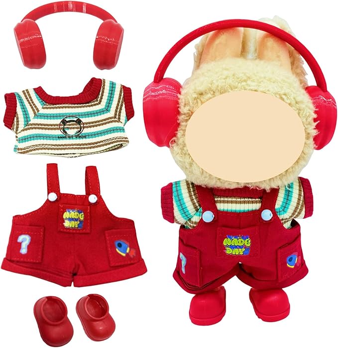 17cm Doll Clothes(No Doll), Cute Dolls Outfit Accessories with Red Overalls + T Shirt + Shoes, Fashion Adorable Clothing Set for Doll