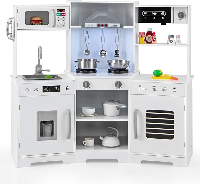 HONEY JOY Corner Kids Kitchen Playset, Wooden Toy Kitchen Set w/Lights & Sounds, Range Hood, Ice Maker & Coffee Maker, Microwave, Sink, Faucet, Little Chef Pretend Play Kitchen for Toddlers, White