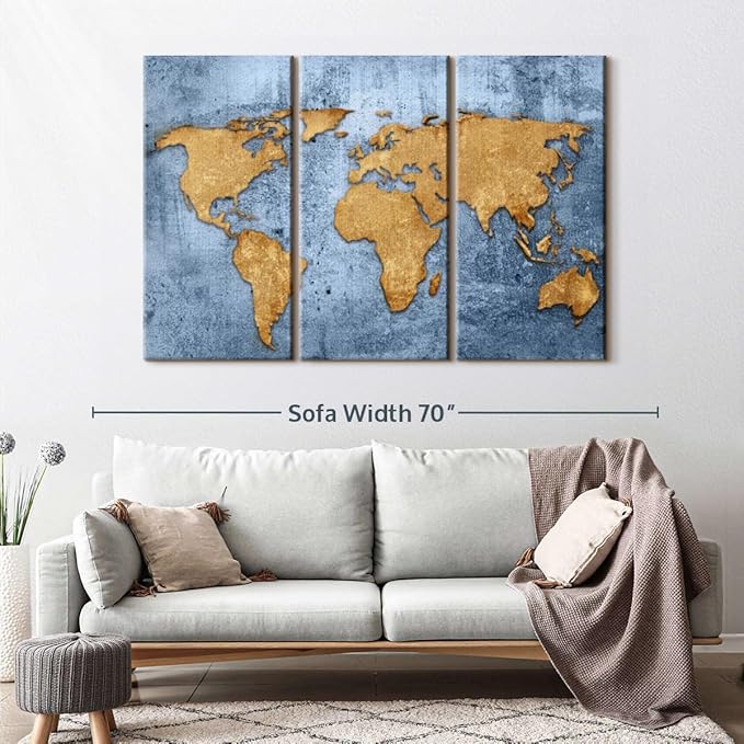 ElephantStock Azure World Map Wall Art Multi Piece Canvas - 3 Panel Wall Decor - Map of the World Art - Canvas for the Office and Home - 57" X 36"