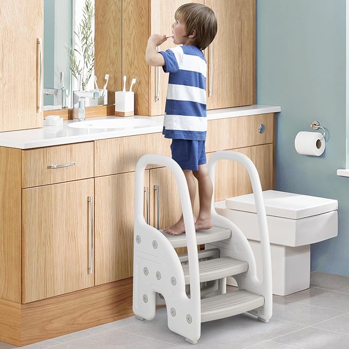 HONEY JOY Kitchen Step Stool for Toddlers, Children Plastic Tower Helper w/Handrails for Bathroom Sink, Toilet Potty Training, Adjustable 3 Step Kids Learning Standing Tower for Kitchen Counter(Gray)
