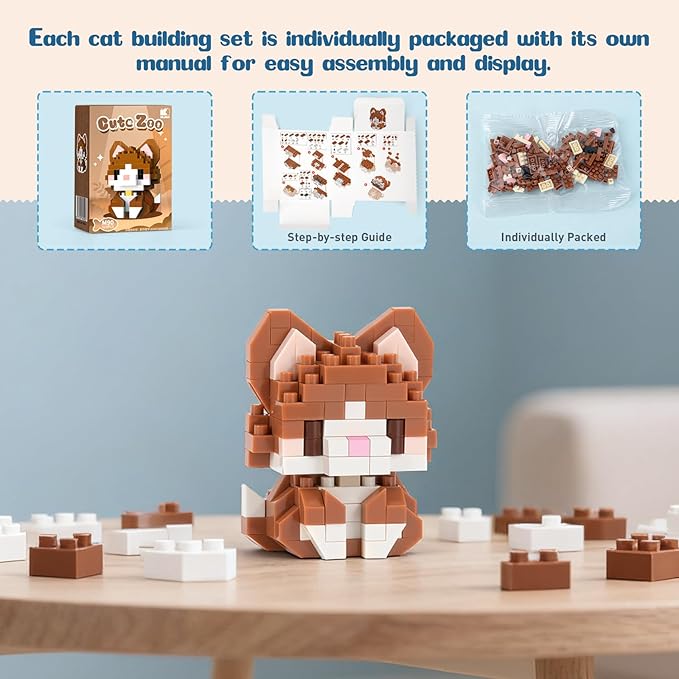 HIGH GODO Cat Building Set, Mini Cat Party Favors for Kids, 9 Pack Small Cats Toys Figurines, Animal Goodie Bag Stuffers, Gifts for Adults Kids Boys Girls Age 8+