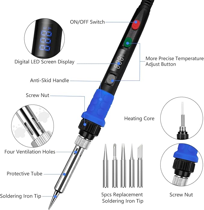 Soldering Iron Kit, 90W LED Digital Solder Iron Kit with Ceramic Heater, 110V Welding Tools with Smart Temperature Control, Auto Sleep, Temp Calibration, C/F, Accurate 176℉-896℉