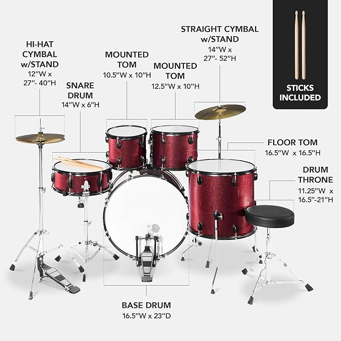 Best Choice Products 5-Piece Full Size Complete Adult Drum Set w/Cymbal Stands, Stool, Drum Pedal, Sticks, Floor Tom - Red Sparkle