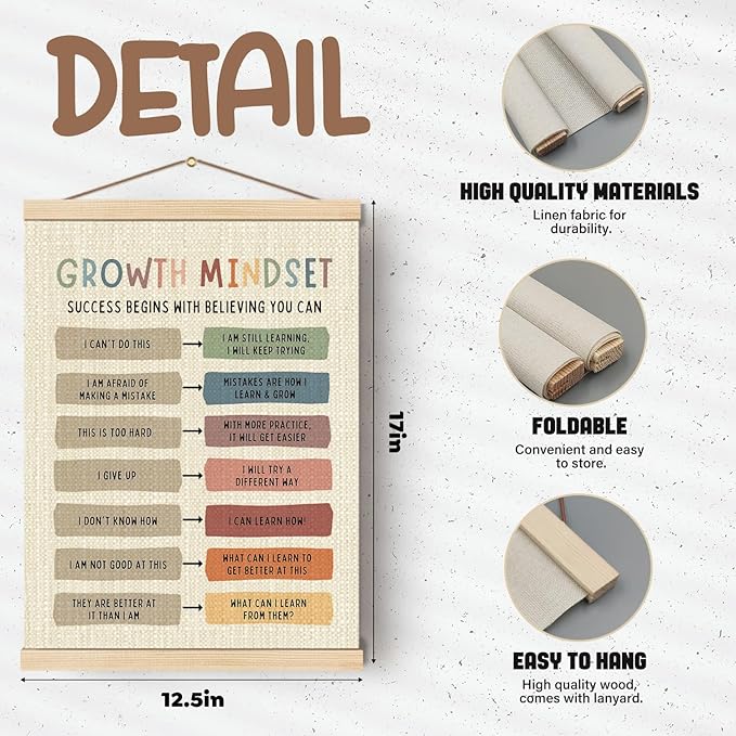 Boat Wades Growth Mindset Posters Wall Decor, Growth Mindset Poster Hanger Frame, Inspirational Mental Health Wall Art Hanging Banner Decor for Therapy School Counselor Office Calming Corner, 12x16 Inch