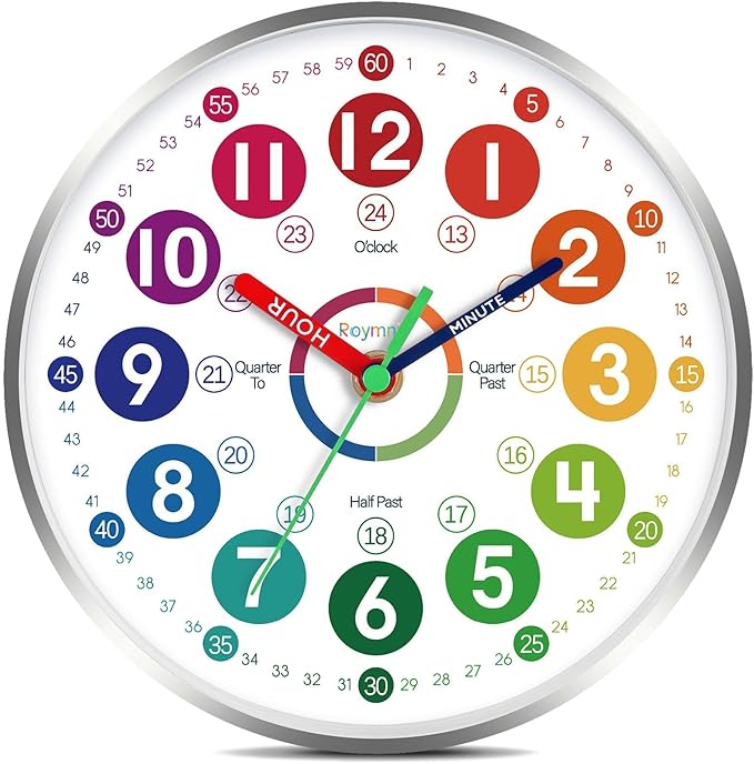 Wall Clock for Kids Learning - Teaching Time Wall Clocks Battery Operated Silent Non Ticking - Analog Colorful Clock Decorative for Kids Room Classroom School(12 Inch&Silver)