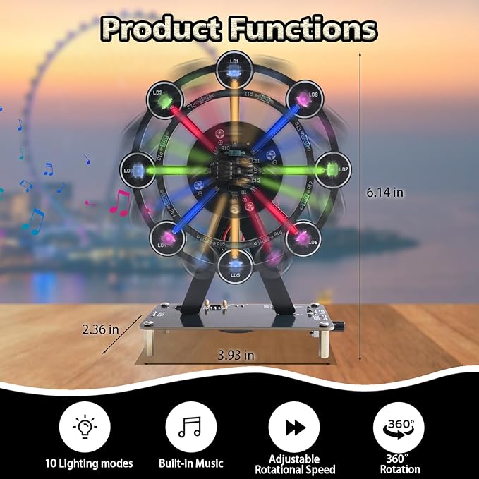 STEM Soldering Practice Kit - DIY Rotating Ferris Wheel Solder Practice Kit with 10 Light Modes, Colorful LED Electronics Soldering Projects for Adult Student Training Desk Decor Present