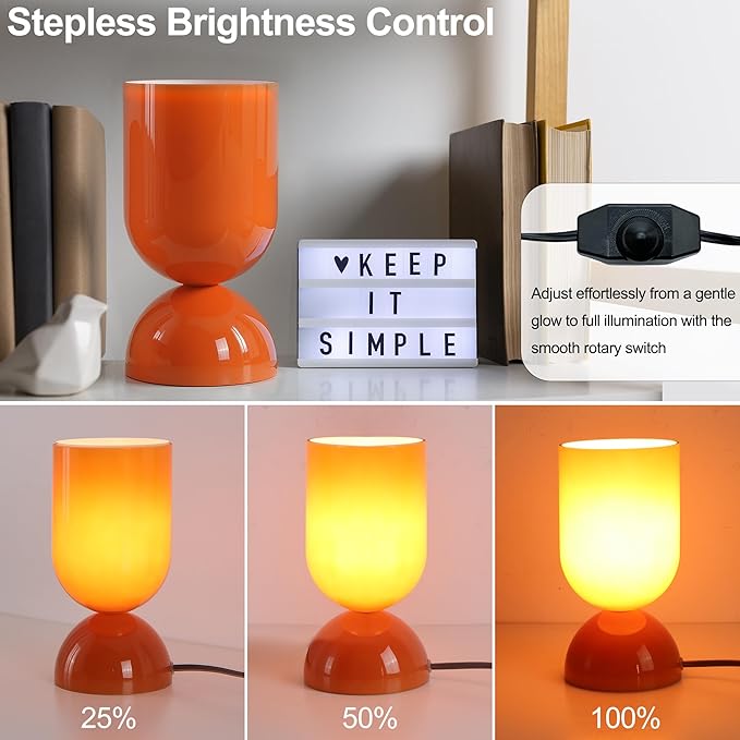 8.9" Modern Glass Table Lamp for Living Room, Dimmable Desk Lamps for Bedroom, UL Listed Nightstand Lamp with Dome Base, End Table Lamps for Kids Room, Side Tables, College Dorm, Office, Glossy Orange