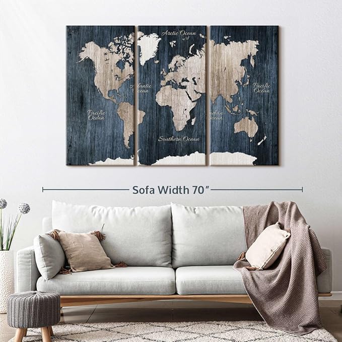 ElephantStock Aged Blue World Map I Canvas - 3 Panel Wall Decor - World Map Digital Art - Blue Wall Art - 57" X 36"