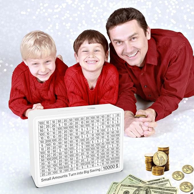 Piggy Bank for Adults Kids, Wooden Coin Bank for Boys and Girls, Cash Vault Money Saving Box with Counter $10000 $5000 $1000 Savings Challenge Money Box with Money Target and Numbers (White Color)
