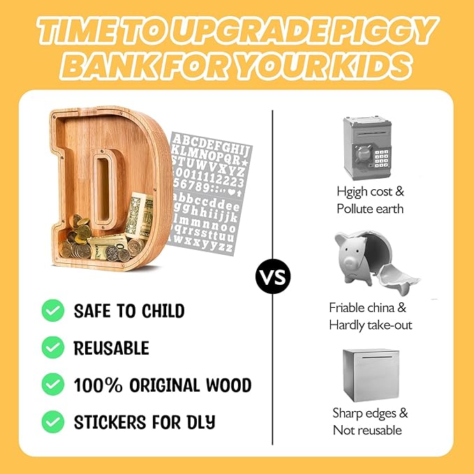 KMC Wooden Letter Piggy Bank, Personalized Initial Piggy Bank for Kids Boys, Clear Alphabet D Wood Money Box, Unbreakable Coin Saving Jar, Birthday, for Children