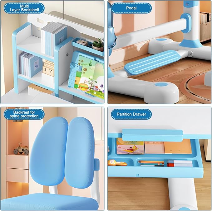 2025 NEW Kid's Study Desk and Chair Set, Ergonomic Height Adjustable Children Study Desk with Tilt Desktop, Book Stand, Light, Metal Hook and Storage Drawer,Gift for Boys Girls (Blue 119cm lean)