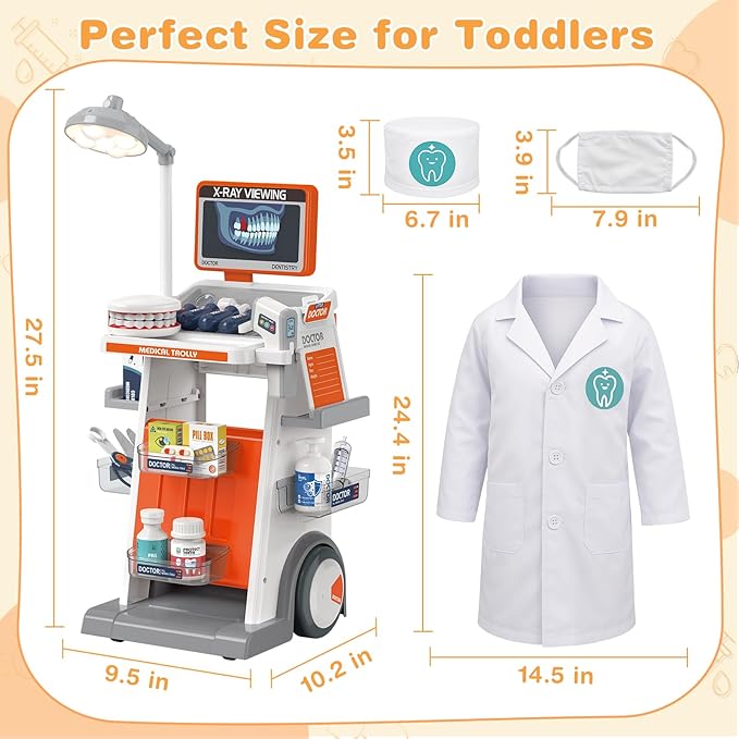 Dreamon Doctor Kit for Todders 3-5 Pretend Play Toys - 29 Pcs Kids Dentist Cart Play Set with Light and Costume - Role Play Medical Toy for 3+ Year Old Boys and Girls Christmas Birthday Gifts