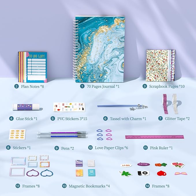 PERRYHOME DIY Journal Kit for Girls Ages 8-14, DIY Girl Journal Set for Teenage Girls Scrapbook & Diary Kits, Journaling Art Crafts Kit Teen 8 9 10 11 12 13 14 Year Old Girl Birthday Gifts - Blue