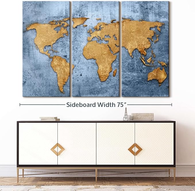 ElephantStock Azure World Map Wall Art Multi Piece Canvas - 3 Panel Wall Decor - Map of the World Art - Canvas for the Office and Home - 74" X 48"