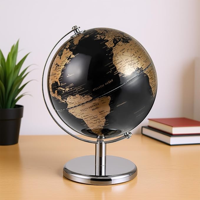Goplus 8-Inch Metallic Black World Globe, Rotating Earth Globe w/Metal Stand, Modern Desktop Decoration for Home, Office (Black + Gold)