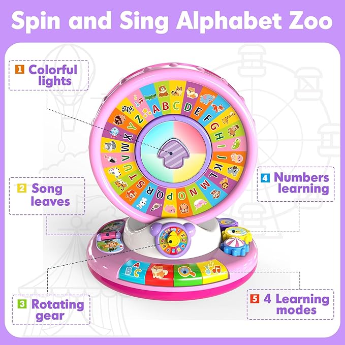 Learning Toy for 1 2 3 Year Old Girls, Spin and Sing Alphabet Zoo with Sounds, Interactive Educational Toys for Toddlers 1-3, Christmas 1st Birthday Gifts for Baby Girls Boys 9-12-18 Months