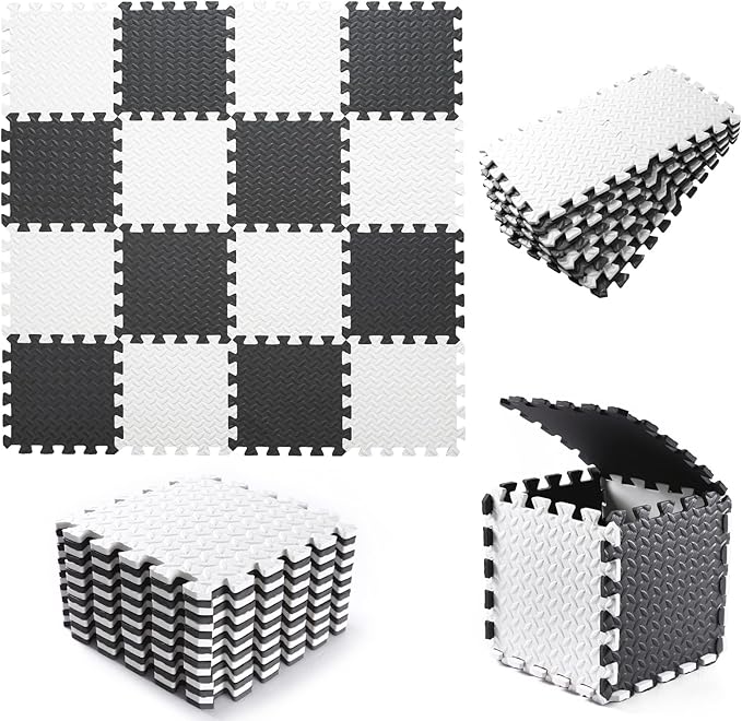 Foam Play Mat, 0.4 Inch EVA Soft Non-Toxic Baby Playmat, Interlocking Floor Mats, Solid Colored Foam Puzzled Floor Mats, Baby Play Mat Exercise Mats, 16 Tiles(White/Black)