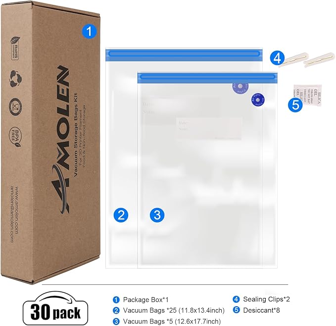 AMOLEN 3D Printer Filament 66PCS Storage Bags Vacuum Kit, Filament Bags Storage Spool Sealing 30 Bags with Two Sizes, Dust Proof Humidity Resistant for Keeping Filament Dry