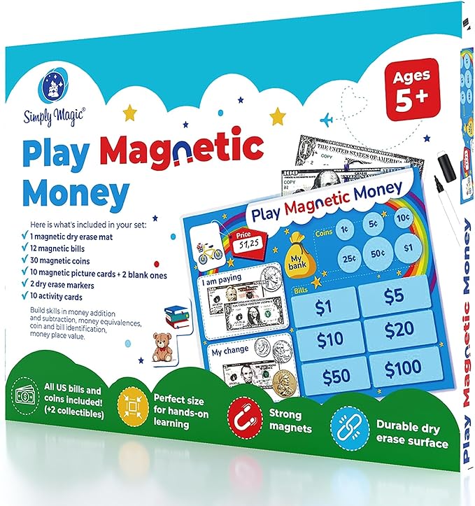 Simply magic 67 PCS Play Money for Teaching - Magnetic Money for Classroom Activity Set, Pretend Play Money Magnets for Kids, Money Manipulatives & Games, Toy Toddler Money, Learning Coins, Bills