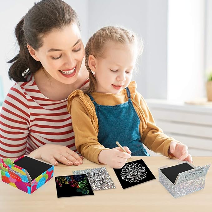 Mocoosy 400 Sheets Holographic Scratch Art Mini Notes for Kids, Glitter Rainbow Scratch Off Paper Arts Crafts Magic Scratch Note Cards Party Favor Supplies Goody Bag Stuffers Gift Box for Girls Boys
