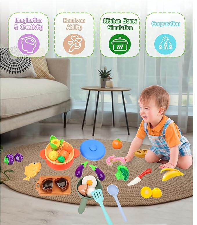 Play Kitchen Accessories, Silicone Pretend Play Kitchen Toys Set, Play Kitchen Pots and Pans Set for Kids, Learning Education Cooking Toys for Girls(Orange)