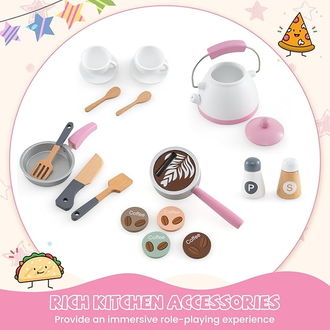 HONEY JOY Corner Play Kitchen, Toddler Wooden Toy Kitchen Set w/Lights, Coffee Maker, Microwave, Sink, Faucet, Little Chef Pretend Play Kids Kitchen Playset for Boys Girls (Pink)