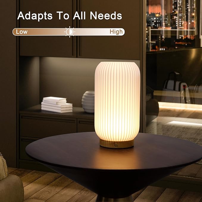 JHY DESIGN 3-Color Light Source Dimmable Touch Bedside Lamp 9" H Rechargeable Button Control Table Lamp 3D Printed Nightstand Lamp with Woodbase for Bedroom Living Room Indoors(White, Type-C Charging)