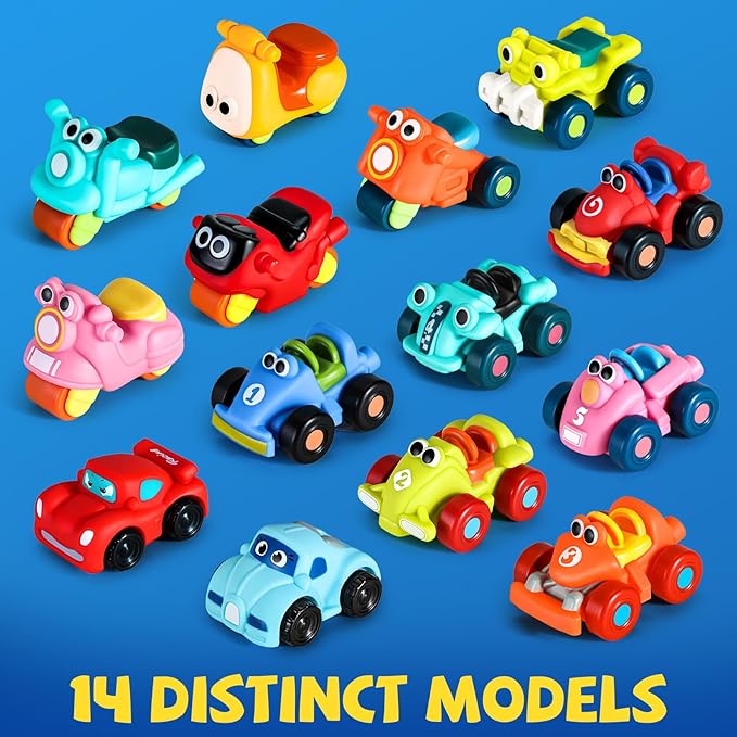 ALASOU 14 PCS Soft Rubber Cartoon Car Toy Set for Boys and Girls |Bath Toys for 1 Year Old Boy Gifts|Pool Cars for Toddlers 1-3|Birthday Party for Baby Kid Age 1 2 3