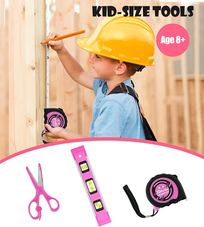 DOWELL 14 Pieces Kids Real Tools Pink Tool Set，Tool Kit with Storage Bag for Boys, Girls, Children DIY Building and Woodworking, Age 8+