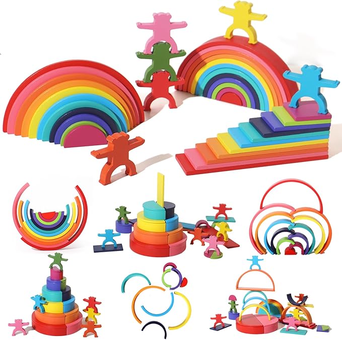 40-Piece Wooden Rainbow Stack Set, 4-in-1 Building Blocks preschoolers Early Development & Activity Toys Montessori Toys for Kids 3, 4, 5, 6 Years and Older Gifts for Boys and Girls