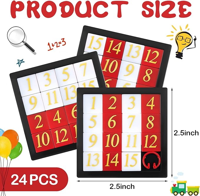 24-Piece 15 Puzzle Number Slide Puzzle Set - Brain Teaser and IQ Educational Toy for Teens and Adults, 2.6 x 2.6 Inches, Ideal for Learning Tool Party Favors