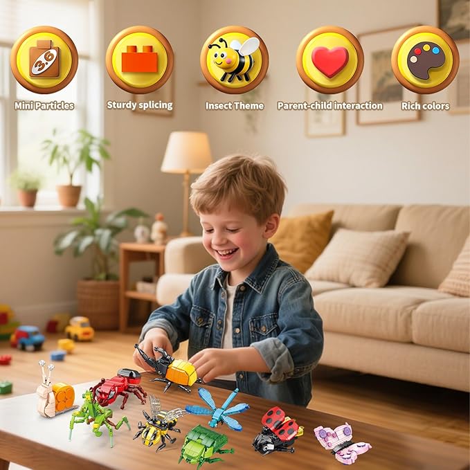 Insect Collection Mini Building Sets,Party Favors for Kids 9 Pack Insect Bug Blocks Toy,Christmas, Birthday Party Gifts for Boys and Girls(972PCS)