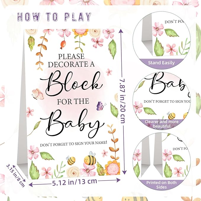146 Pcs Baby Shower Game Sign Set Includes Decorative Square 56 DIY Blank Wooden Blocks 24 Paint Markers 27 Page Baby‘s First ABC Book (Flower)