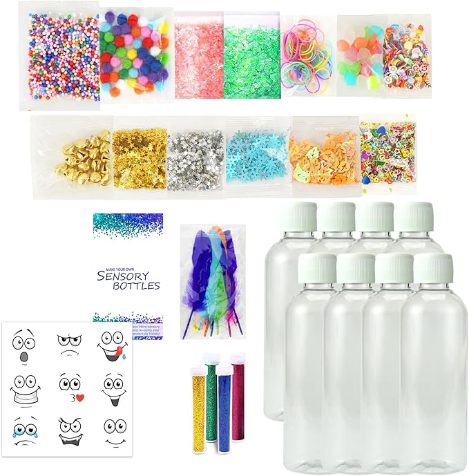 Calm Down Sensory Bottles for Calm Down Corner Items, Calming Sensory Toys, Sensory Bottles for Social Emotional Learning with Glitter Pom Poms and More