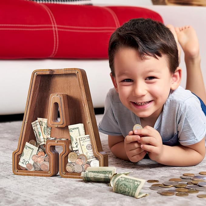 Customized Name Large Wooden Piggy Bank for Kids Boys Girls Alphabets Letter A-Z Coins Bills Money Change Bank Box Initial on Clear Cover (Laser Engraved) (Alphabet-A, Personalized-12)
