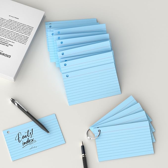 250 Count Blue Index Cards 3x5 Inch with Key Ring, Color Flash Index Card (50 Sheets Each), Durable & Portable Note Taking for Students, Teachers, Study Note Cards for Office Home School