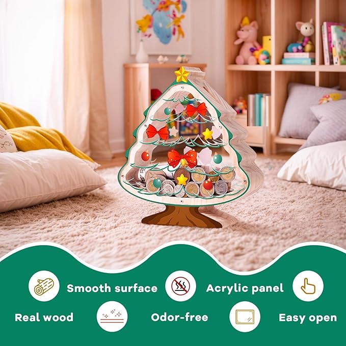 Wooden Christmas Piggy Bank for Kids, Christmas Tree Piggy Bank with Acrylic Panels, Unbreakable Toddler Money Box for Boys Girls, DIY Safe Coin Bank with Letter Sticker, Christmas, Birthday Gift