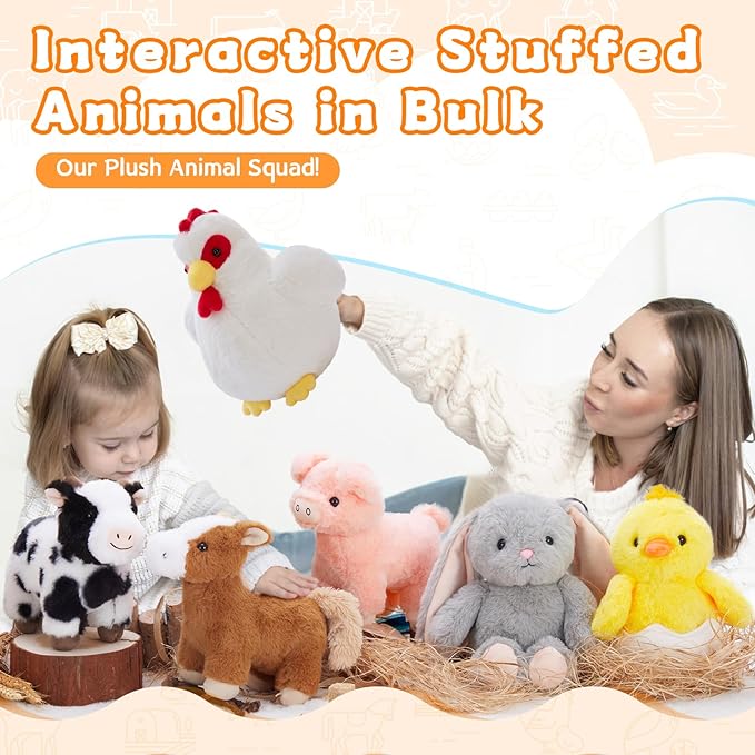 MaoGoLan 10 Pack Stuffed Farm Animals Bulk Plush Dog Cat Highland Cow Horse Sheep Pig Chicken Bunny Farm Animal Toys Set for Kids Party Favors Decorations Valentine's Day Easter Gifts