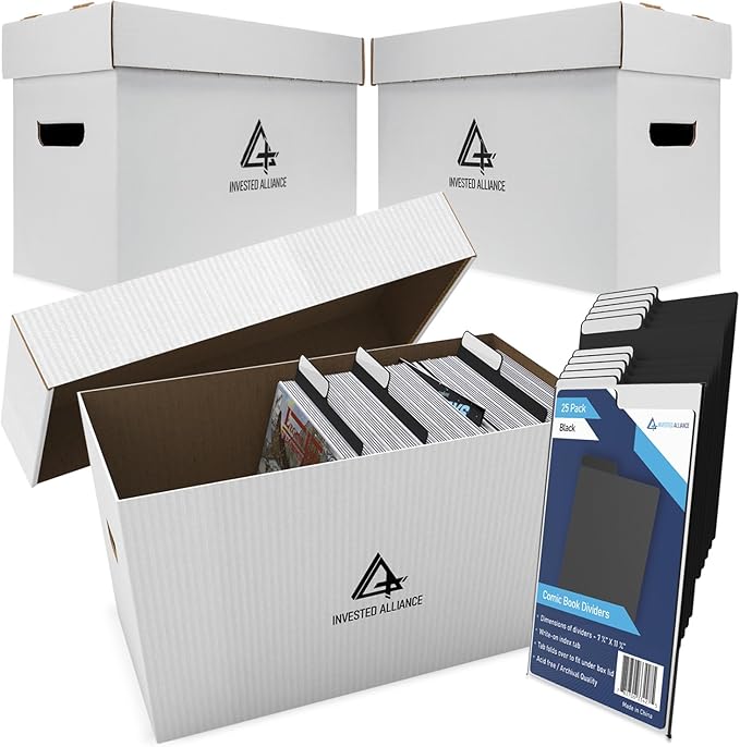 Bundle Set - Premium Short Comic Book Storage Box (3 Pack - White). Thick Cardboard Comic Book Box/Cabinet. Comics Books Bin for 150-175 Collectibles & Black Comics Books Dividers (25 Pack)