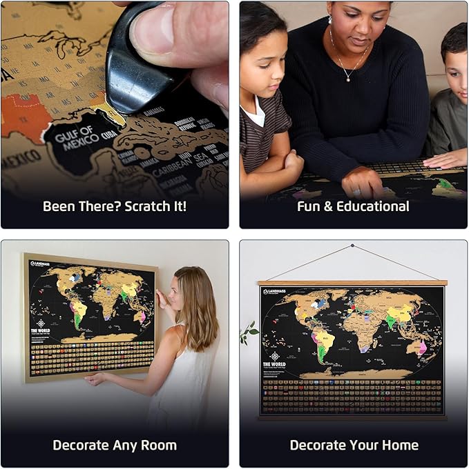 Landmass Scratch Off World Map, Deluxe Travel Tracker with Flags, Detailed Cartography, Gift Idea for Travelers, Wall Art, Home or Office Decor, 17x24 Inches