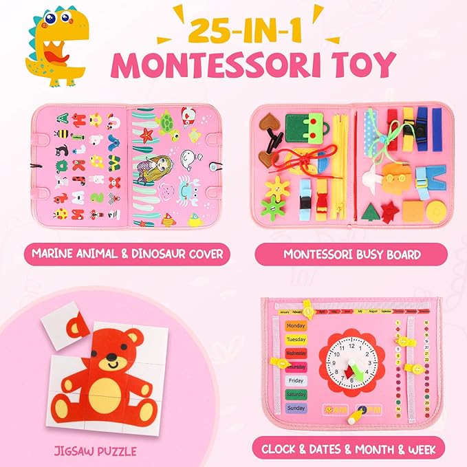 Toddler Busy Board, Montessori Sensory Toys for Boys, 1-4 Year Old Girl Toddler Travel Toys, Educational Learning Activities Board for Motor Skills, Birthday Gifts for Airplane Car, Pink