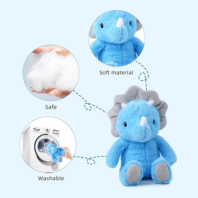 VANLINNY Blue Dinosaur Stuffed Animals, 9" Soft Dinosaur Plush Toys for Boys, Cute Triceratops Figure, Birthday Xmas Gifts for Grandkids Boys Toddlers and Girls 3 4 5 6 7 8 Year