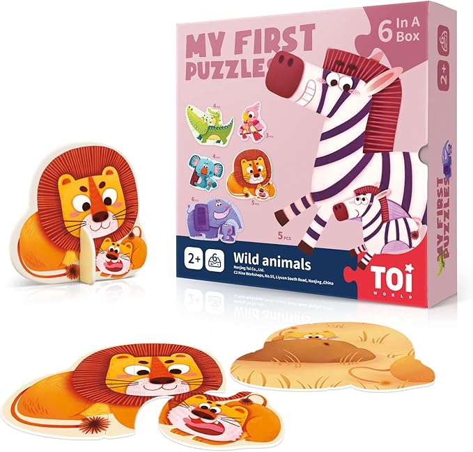 Toi 6 Packs Large Piece Toddler Jigsaw Puzzles for Kids Aged 2.5+, Animal Shaped Floor Puzzles for Beginner, Preschool Learning Game for Boys Girls, Wild Animals