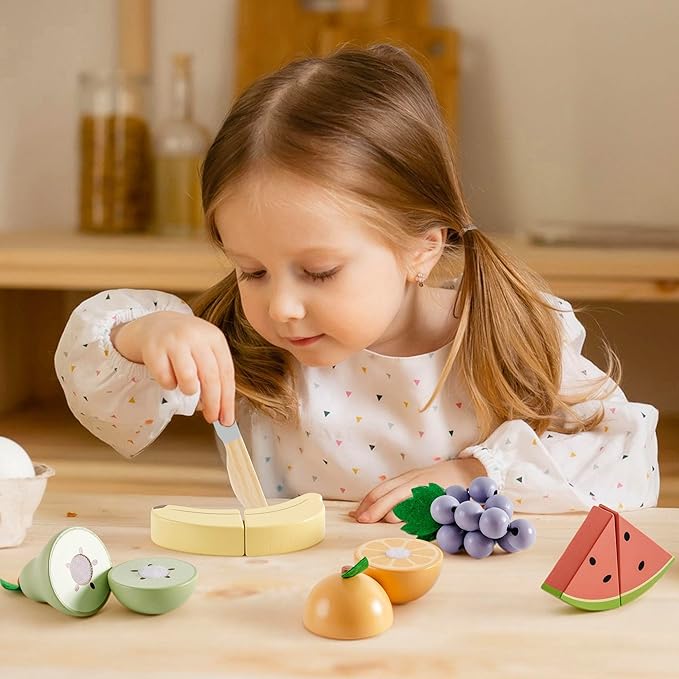 ROBOTIME Wooden Play Food Cutting Fruit Set, Pretend Play Toy Food for Play Kitchen with Shopping Bag – Kids Kitchen Accessories, Wooden Fruit Toys for Kids Boys Girls