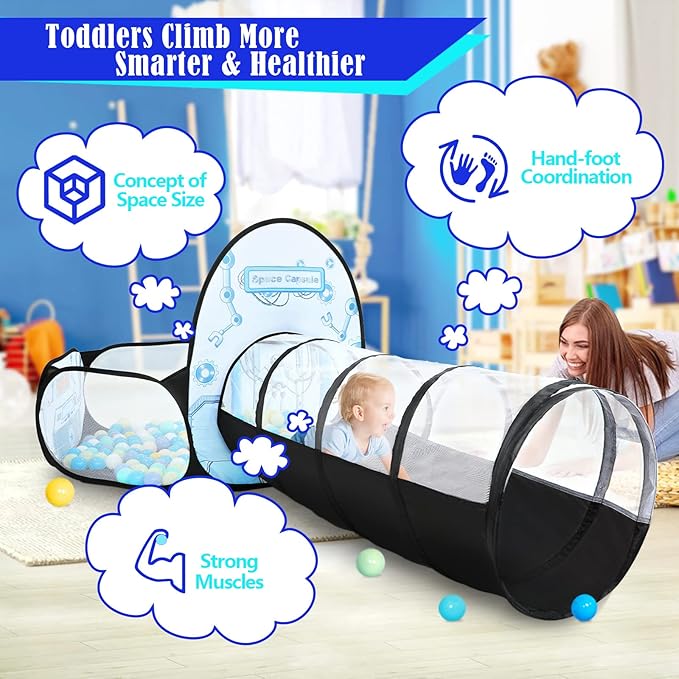 3pc Kids Play Tent for Girls with Ball Pit, Crawl Tunnel, Princess Tents for Toddlers, Baby Space World Playhouse Toys (3PC White Rocket Play Tent)