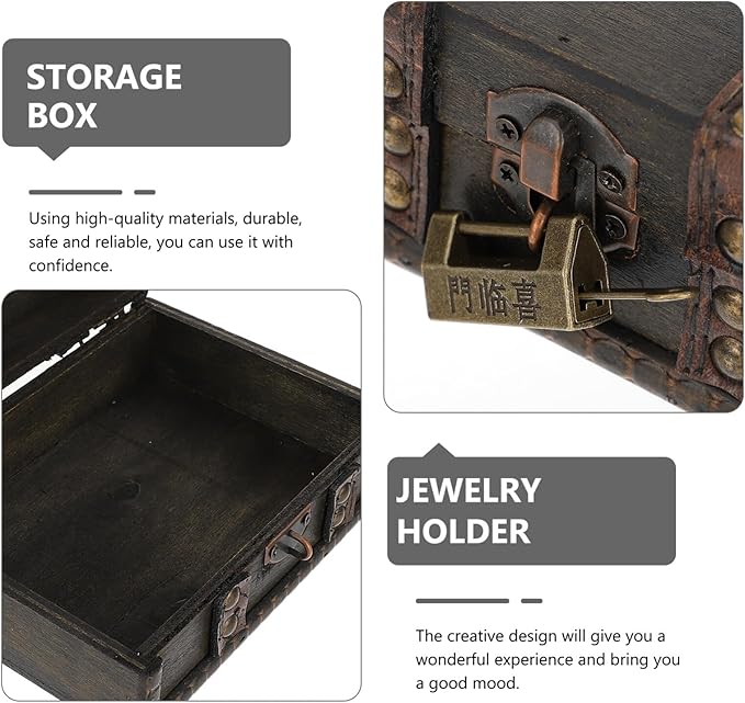 Veemoon Vintage Small Wooden Lock Box Antique Storage Case Retro Jewelry Chest Craft Collection Organizer Pirate Treasure Chest for Jewelry Cosmetics Photography Props