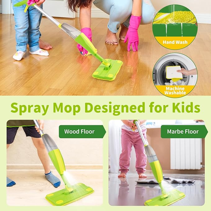 Kids Spray Mop, Fun & Functional Toddler Mop Cleaning Set,Real Working Mini Mop, Pretend Play Toy –Includes Spray Bottle,Washable Microfiber Pads, Montessori Kids Cleaning Toy Set -Green