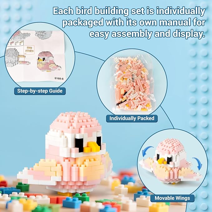 HIGH GODO Bird Parrot Building Sets for Adults, 8 Pack Mini Birds Animal Party Favors for Kids 8-12, Goodie Bag Stuffers, Small Prize Toys Classroom Gifts for Teens Girls Boys
