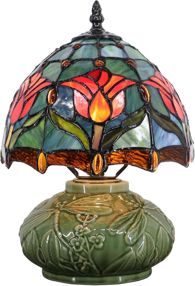 Small Tiffany Lamp Mushroom Table Lamp, Mini Stained Glass Desk Light Memory Sympathy Ceramic lamp 8X11 Inch (Tulip Style)