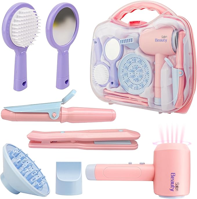 Toy Choi's Kids Hair Salon Toys - Kids Barber Set Pretend Play Makeup Hair Salon Set for Girls with Realistic Blow Dryer, Comb, Carrying Case. Birthday Gifts Hair Salon Toys for Girls 3 4 5 6 Year Old